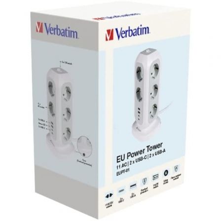 Verbatim Torre de Alimentación EUPT-01 con 11 Tomas CA, 2 USB-C y 2 USB-A, Blanco Verbatim Torre de Alimentación EUPT-01 con 11 Tomas CA, 2 USB-C y 2 USB-A, Blanco